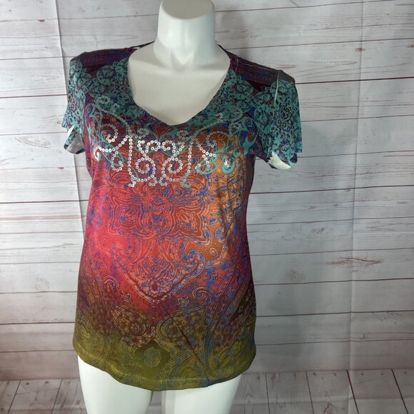 Appropriate Behavior Women's Size Large Shirt/Top Short Sleeve V-Neck Multicolor - Picture 2 of 7